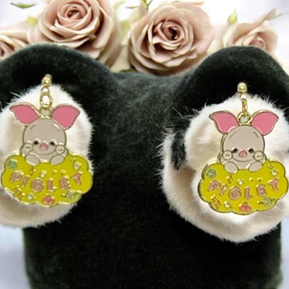 Piglet Stud Dangle Earrings with Pink and Yellow Accents - Picture 3 of 4